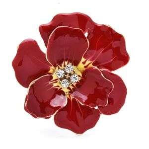 Red Enamel Flower Brooch – Crystal Center – Bold Statement Pin, Gift for Her